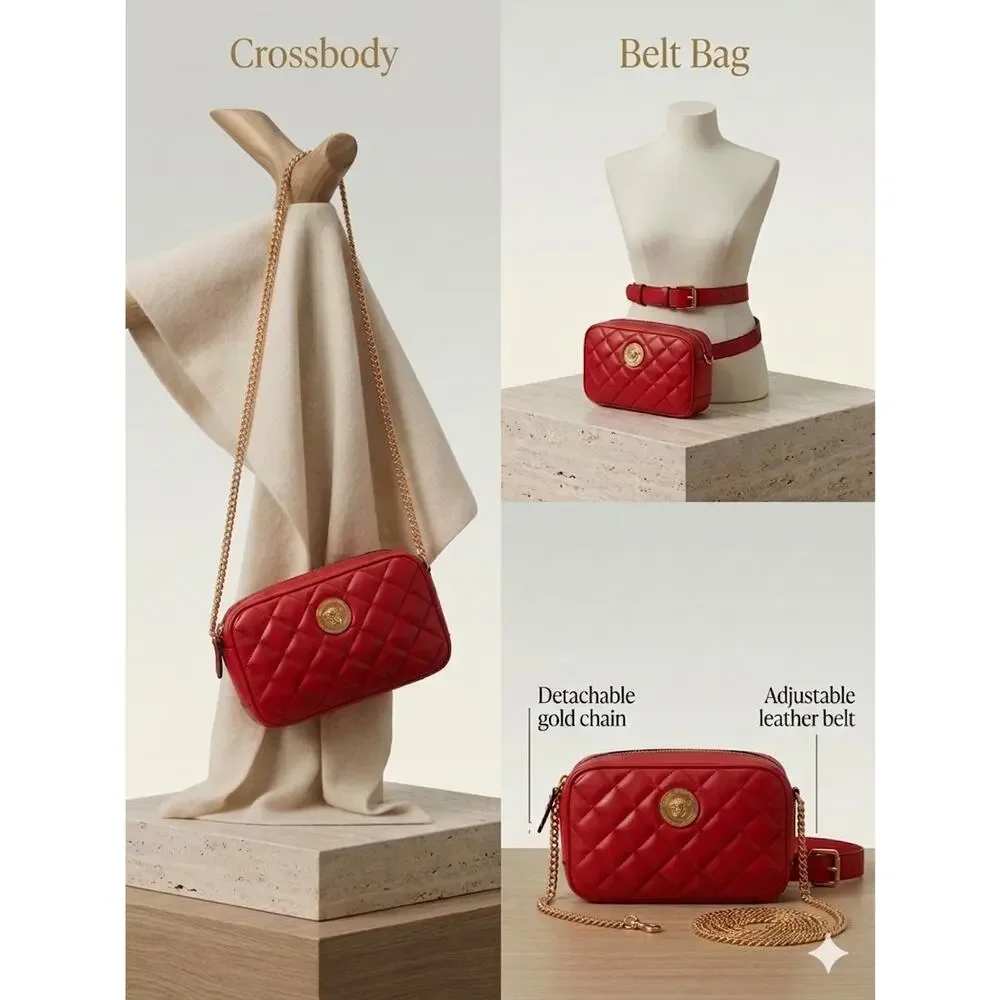 Versace Red Medusa Quilted Leather Crossbody Camera Bag/belt bag